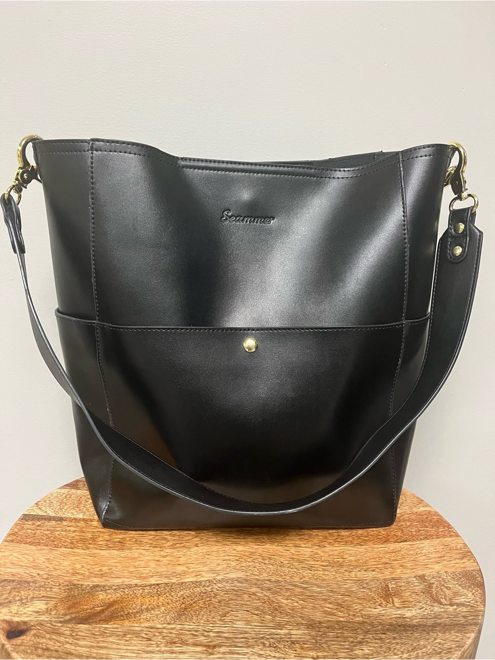 Seammer Black Leather Bucket Bag
